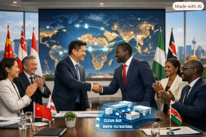 une image représentant une réunion d'affaires internationale, une poignée de main institutionnelle ou une carte stylisée reliant des pôles économiques (asie afrique).